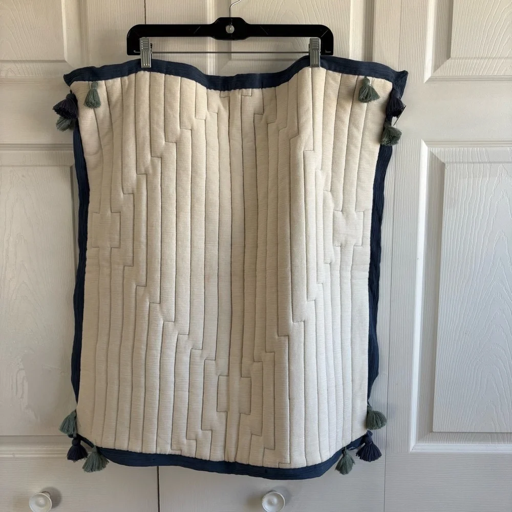 Anthropologie Euro Sham Square Throw Pillow Tassel Unused Cotton Boho White Blue
